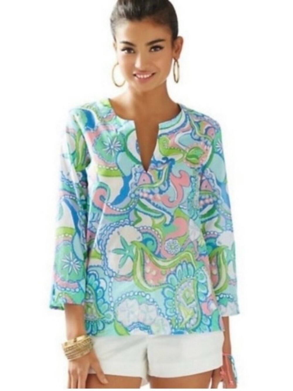 Lilly Pulitzer Amelia Island Tunic Conch Republic Blur Pink Blouse size XS